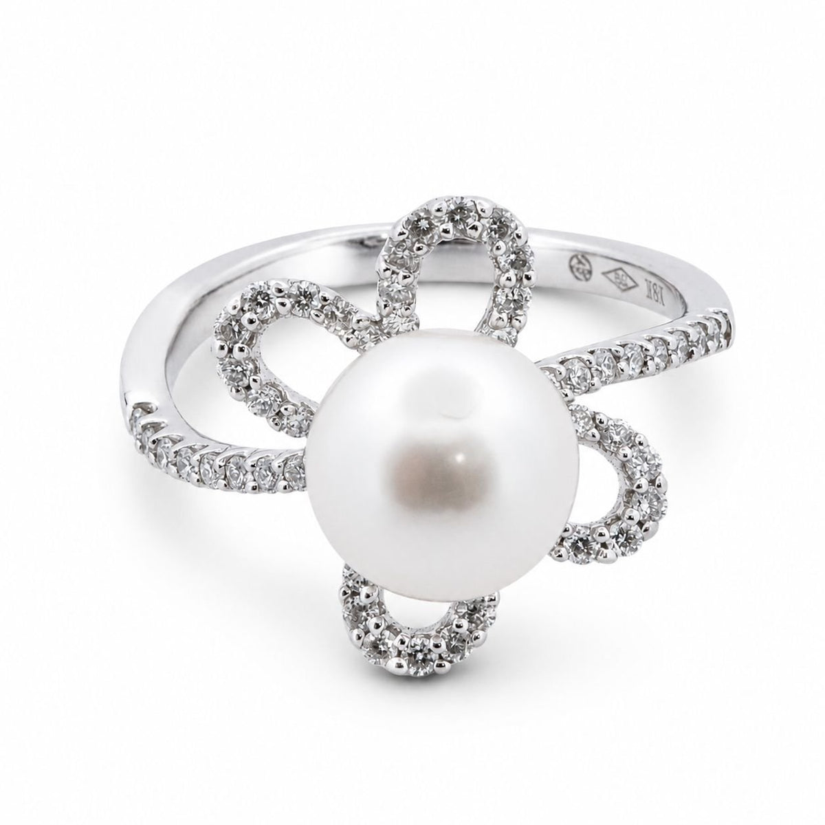 18ct White Gold 8mm Akoya Pearl & Diamond Bow Ring - Aurum Jewels