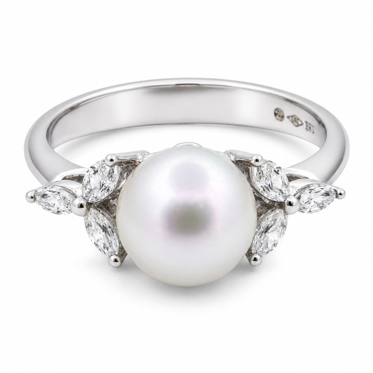 18ct White Gold 8mm Akoya Pearl & Marquise Diamond Ring - Aurum Jewels