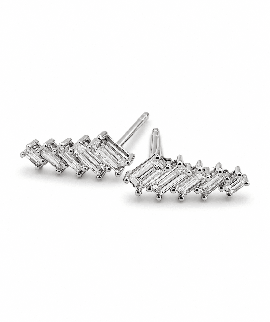 18ct White Gold Baguette Cut Diamond Climber Stud Earrings - Aurum Jewels
