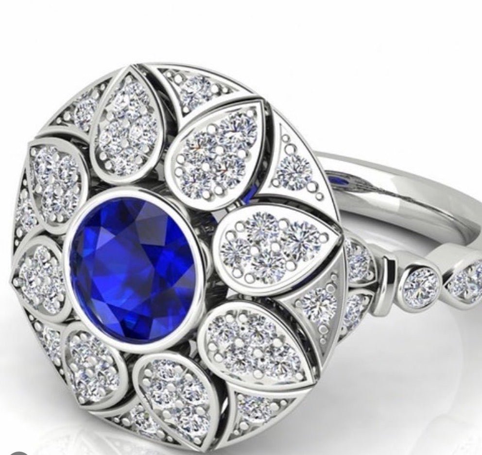 18ct White Gold Ceylon Sapphire & Diamond Cluster Ring - Aurum Jewels