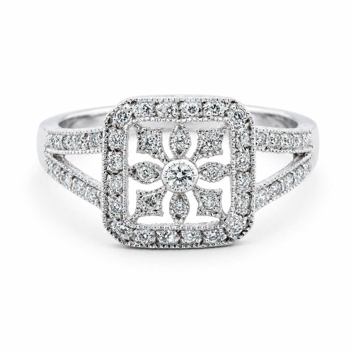 18ct White Gold Diamond Filagree Ring - Aurum Jewels