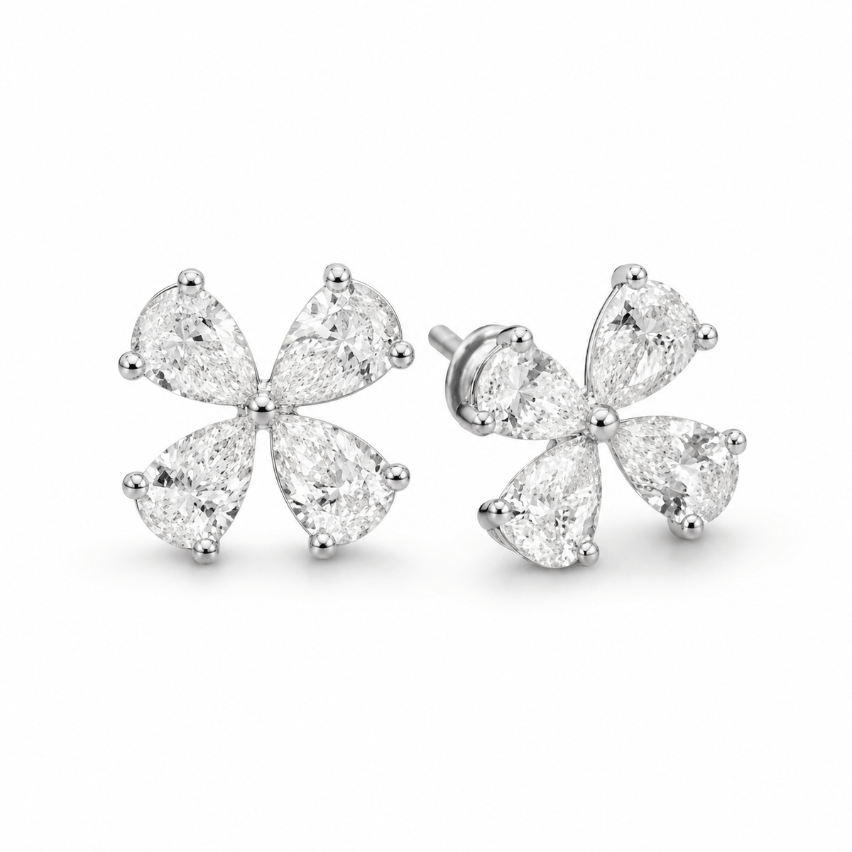 18ct White Gold & Pear Shape Diamond Flower Stud Earrings - Aurum Jewels