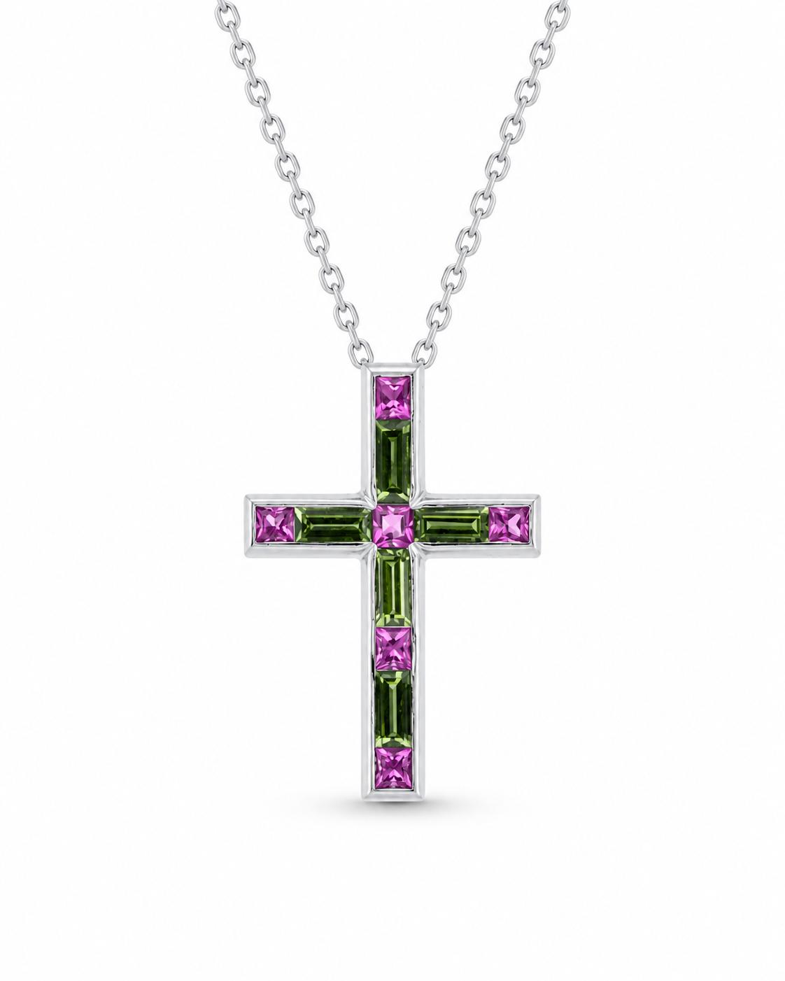 18ct White Gold Pink & Green Sapphire Cross Pendant - Aurum Jewels