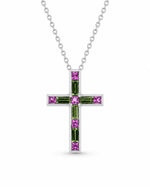 18ct White Gold Pink & Green Sapphire Cross Pendant - Aurum Jewels