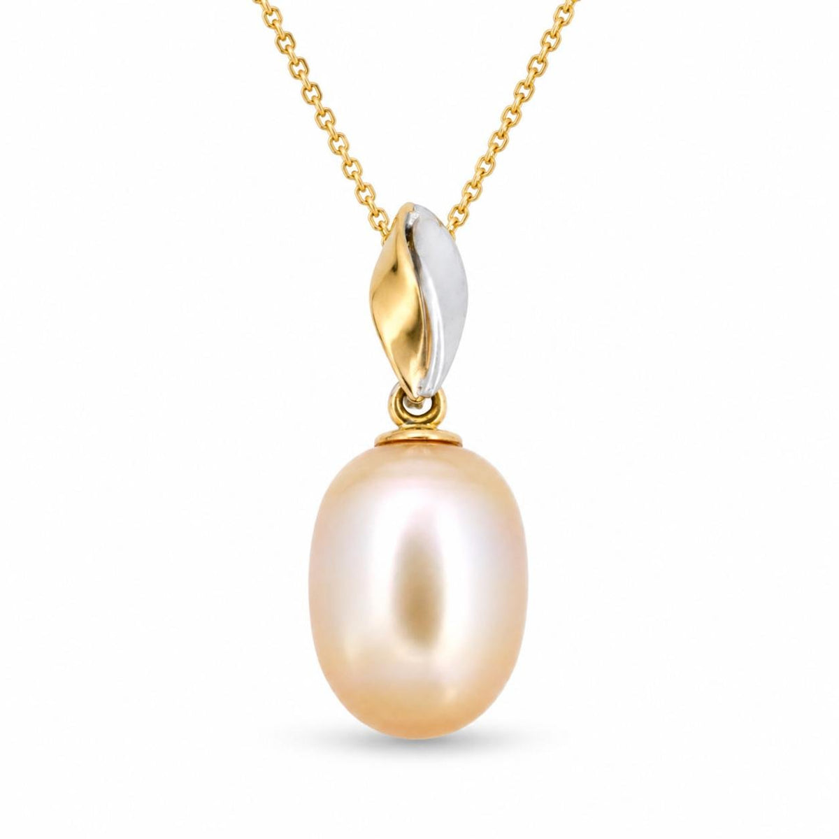 18ct White & Yellow Gold 12mm Long Oval Gold South Sea Pearl Pendant - Aurum Jewels