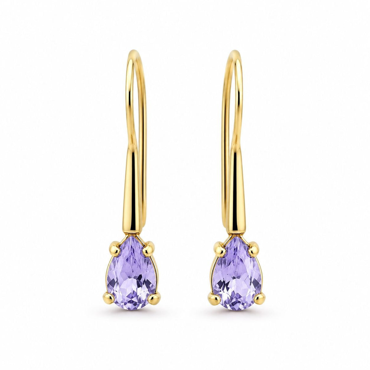 18ct Yellow Gold 7x5mm Pear Cut Tanzanite Shepherds Hook Earrings - Aurum Jewels