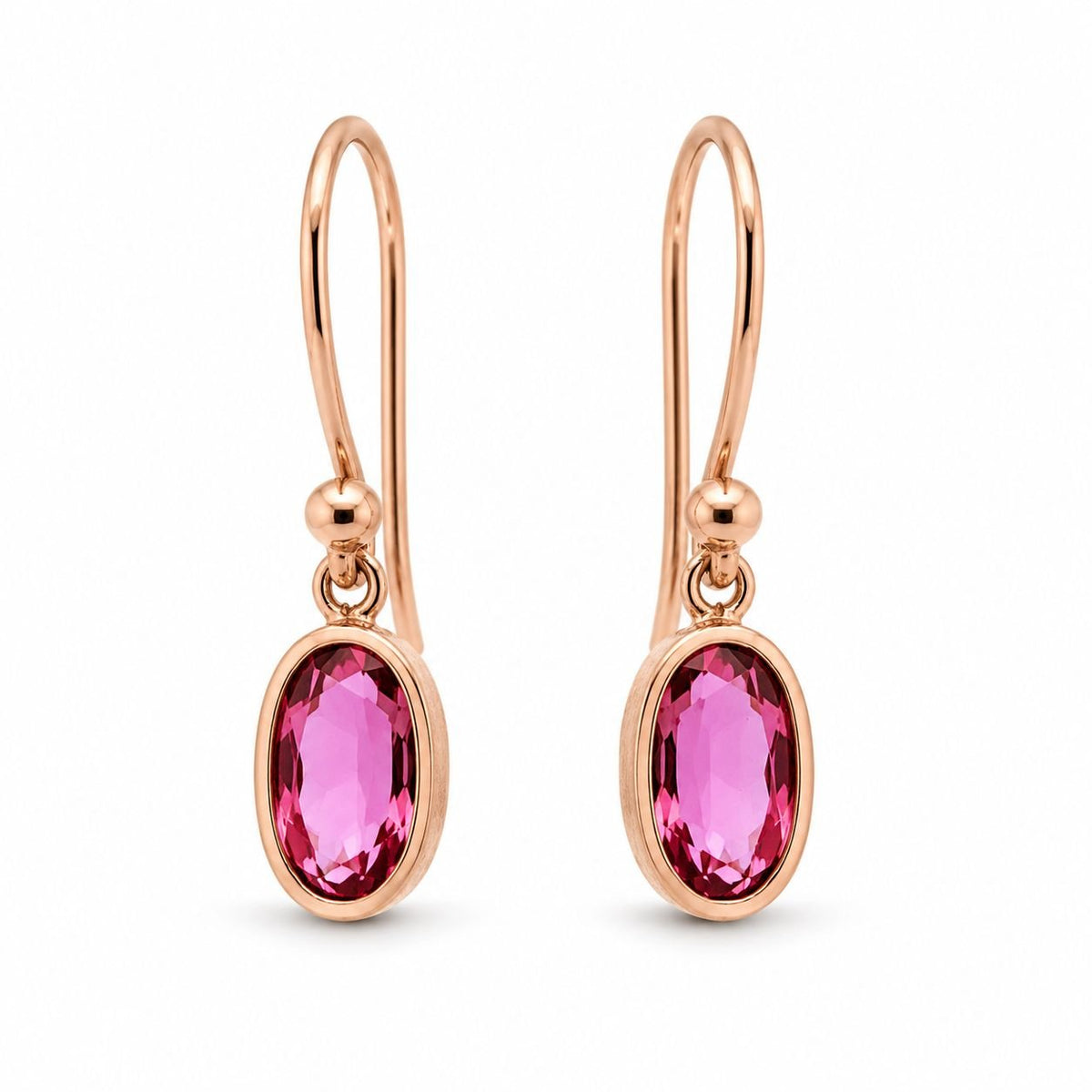 9ct Rose Gold 9x5mm Oval Cut Pink Tourmaline Shepherds Hook Earrings - Aurum Jewels