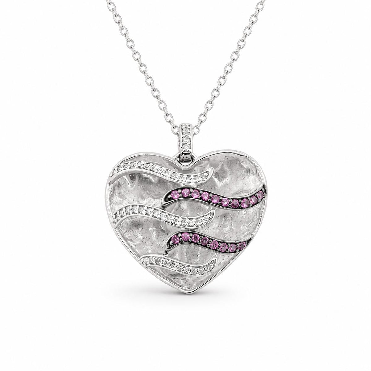 9ct White Gold Diamond & Pink Sapphire Open Heart Pendant - Aurum Jewels