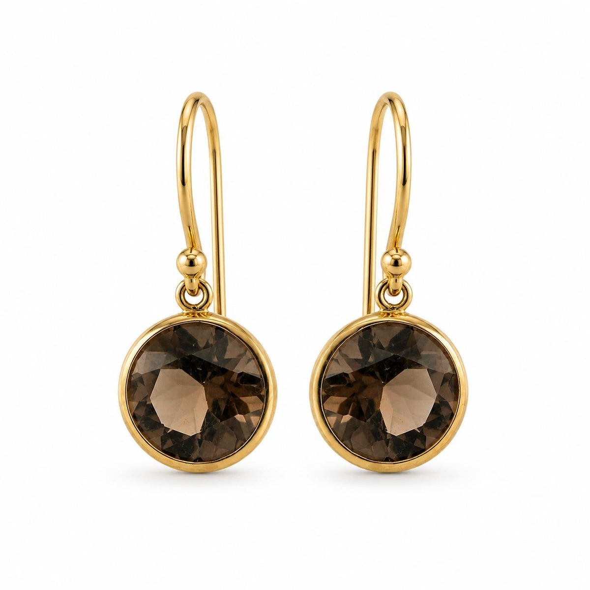 9ct Yellow Gold 10mm Round Smokey Quartz Shepherds Hook Earrings - Aurum Jewels