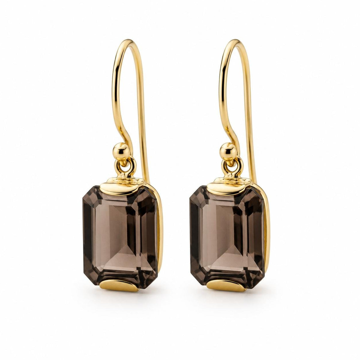 9ct Yellow Gold 10x7mm Emerald Cut Smokey Quartz Shepherds Hook Earrings - Aurum Jewels