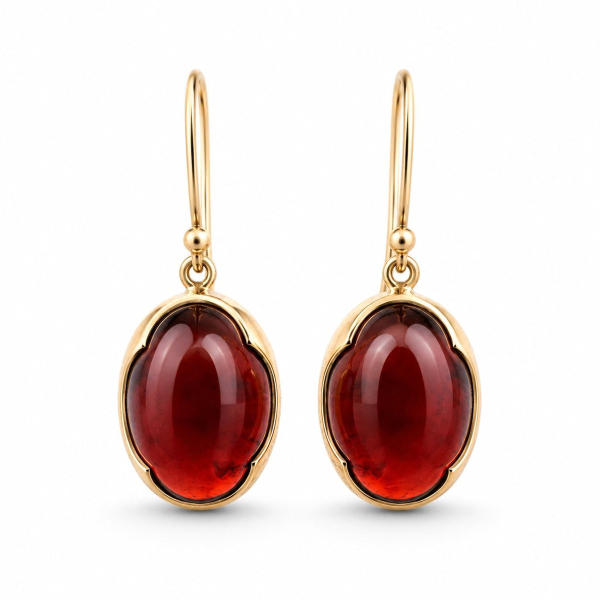 9ct Yellow Gold 13.5x10mm Oval Cabochon Garnet Shepherds Hook Earrings - Aurum Jewels