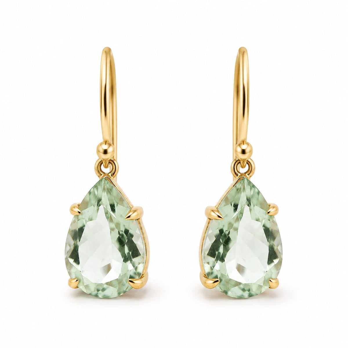 9ct Yellow Gold 13x9mm Pear Cut Green Amethyst Shepherds Hook Earrings - Aurum Jewels