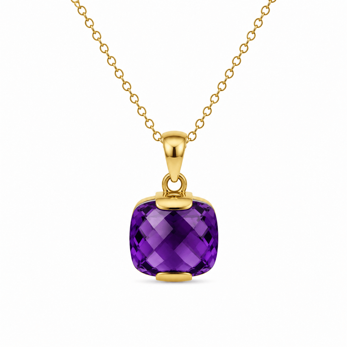 9ct Yellow Gold 14x14mm Cushion Checkerboard Facetted Amethyst Pendant - Aurum Jewels