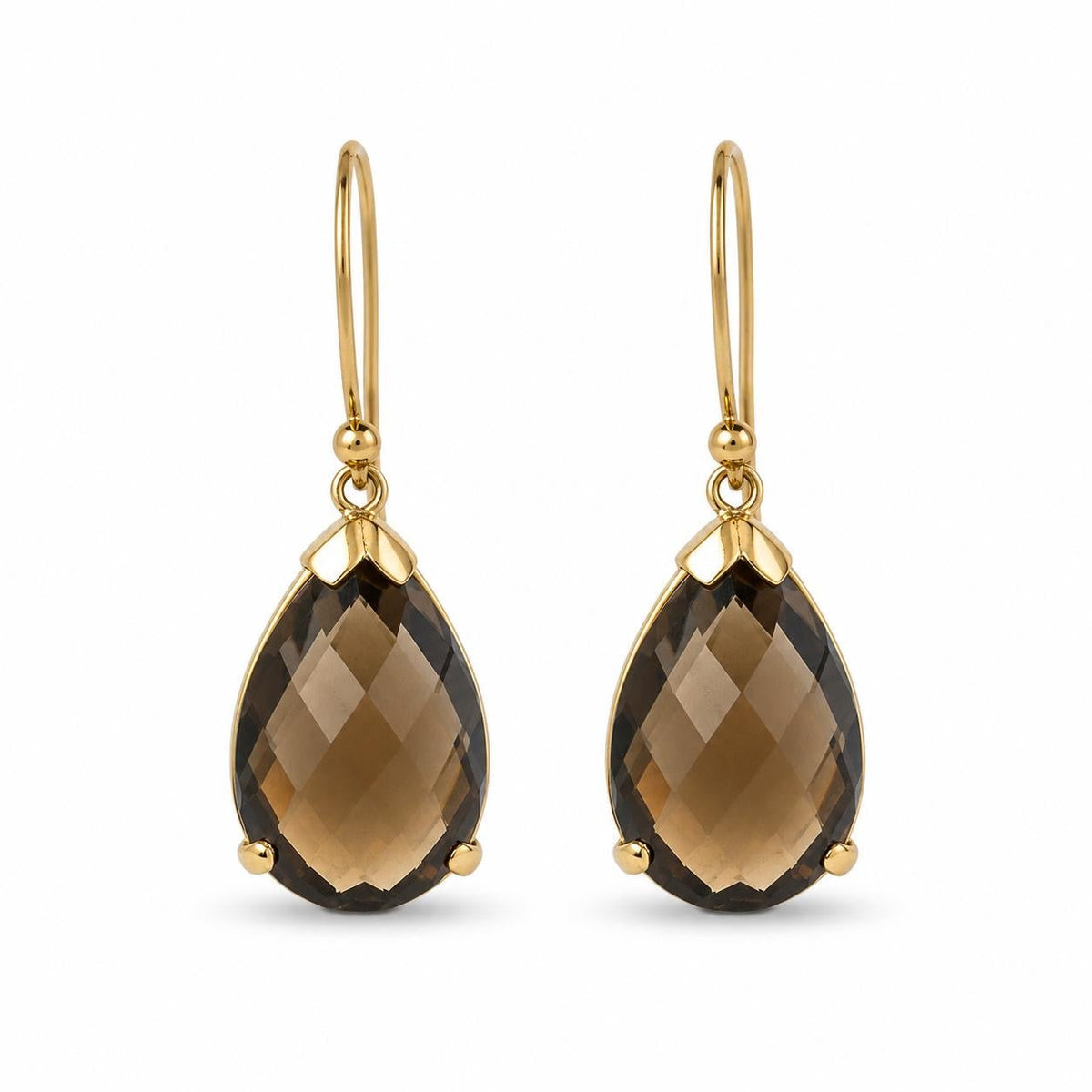 9ct Yellow Gold 16x10mm Pear Cut Checkerboard Facetted Smokey Quartz Shepherds Hook Earrings - Aurum Jewels
