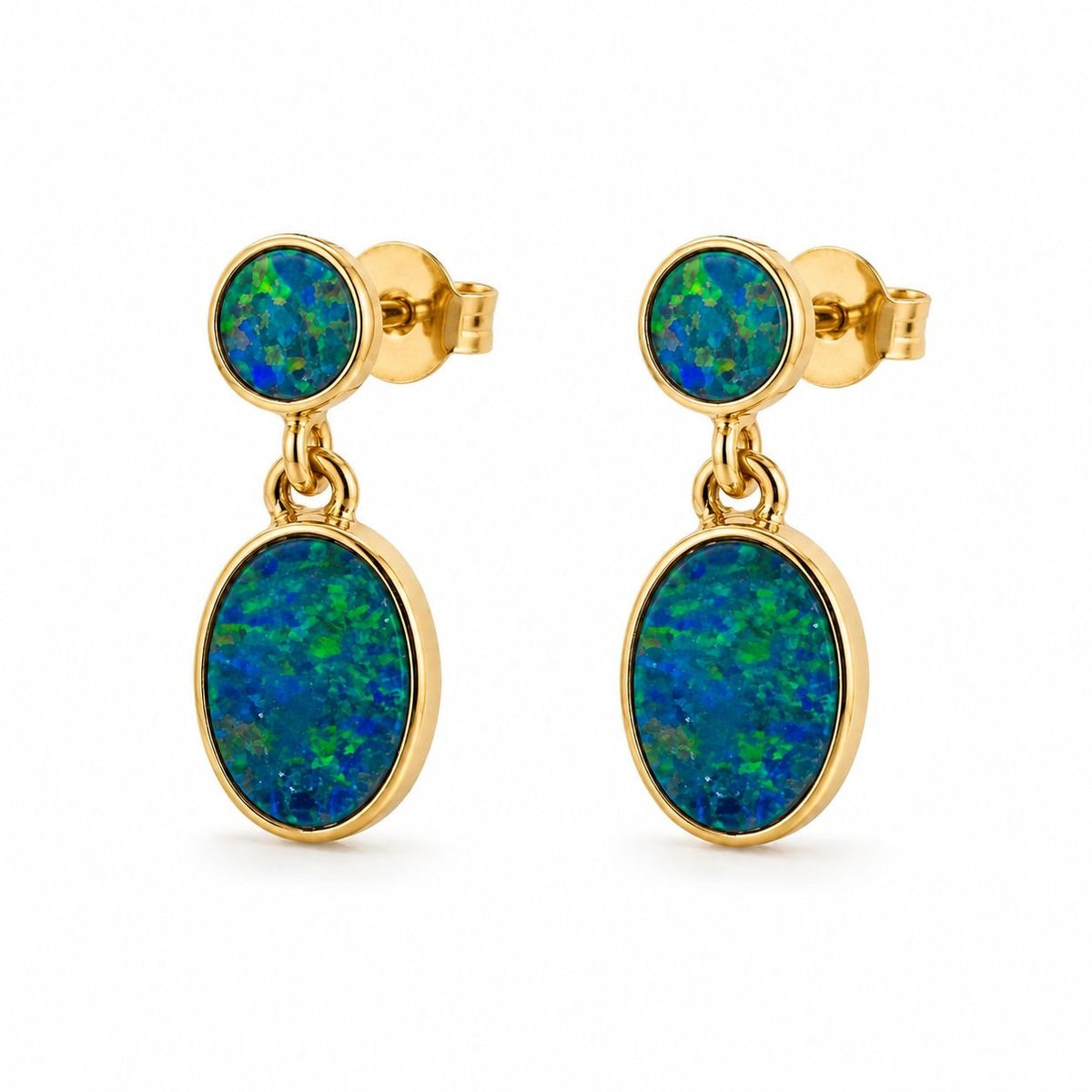 9ct Yellow Gold 4mm Round & 8x6mm Opal Drop Earrings - Aurum Jewels