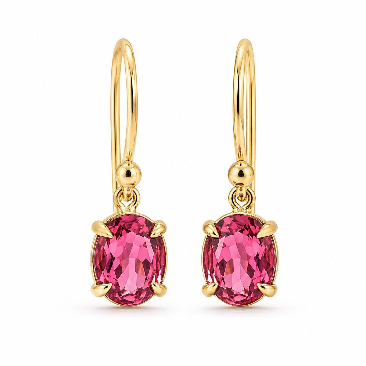9ct Yellow Gold 6x5mm Oval Pink Tourmaline Shepherds Hook Earrings - Aurum Jewels