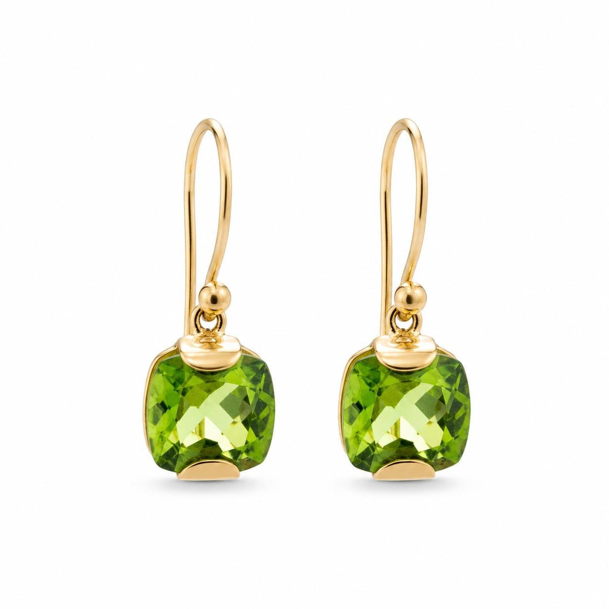 9ct Yellow Gold 7mm Cushion Peridot Shepherd Hook Earrings - Aurum Jewels