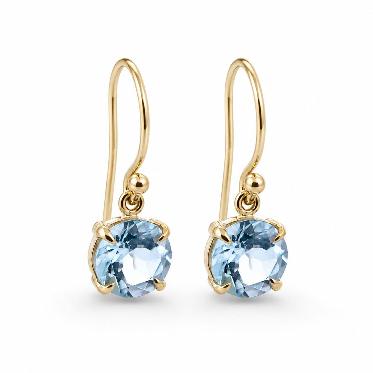 9ct Yellow Gold 7mm Round Aquamarine Shepherd Hook Drop Earrings - Aurum Jewels