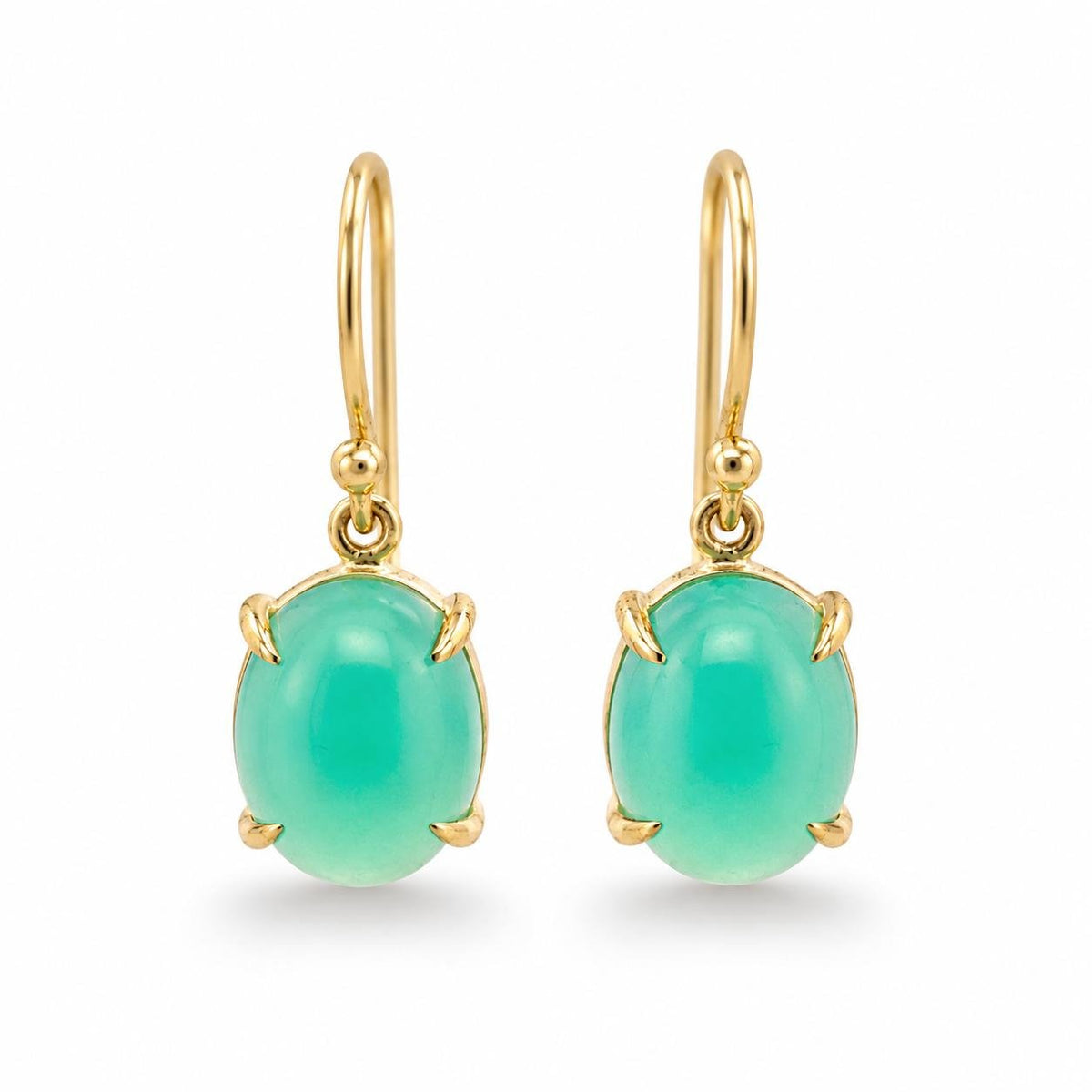 9ct Yellow Gold 7x9mm Oval Cabochon Chrysoprase Shepherd Hook Earrings - Aurum Jewels