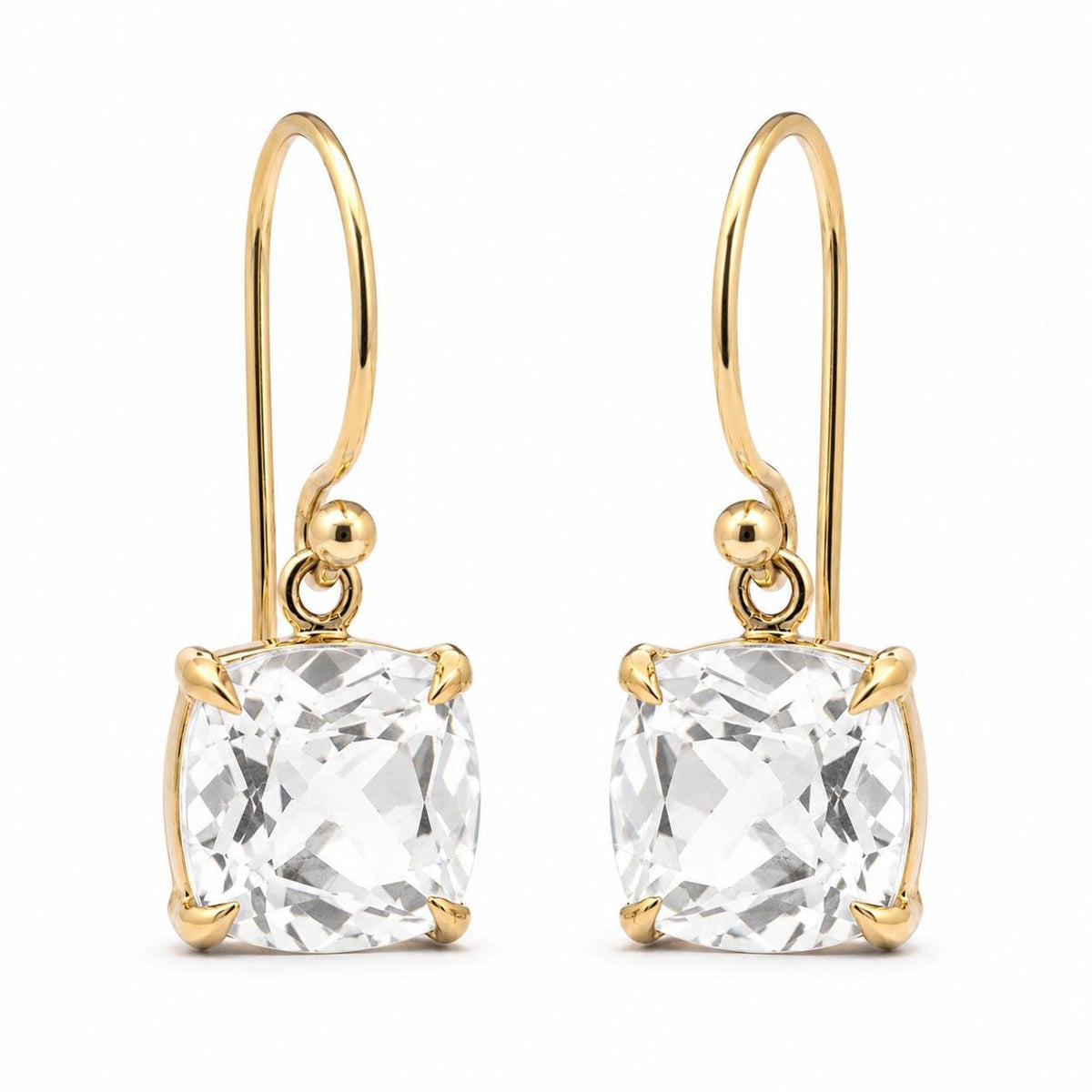 9ct Yellow Gold 8x8mm Cushion Cut White Topaz Shepherd Hook Earrings - Aurum Jewels