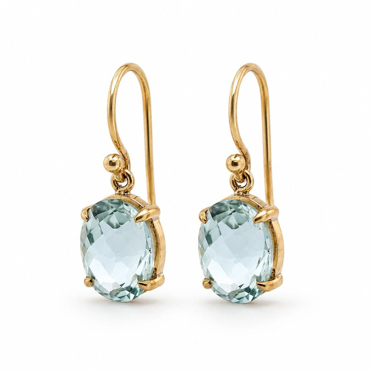 9ct Yellow Gold 9x7mm Oval Aquamarine Shepherd Hook Earrings - Aurum Jewels