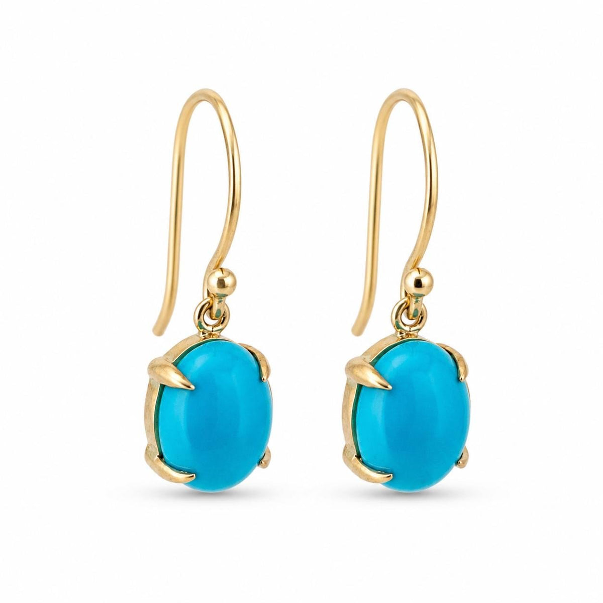9ct Yellow Gold 9x7mm Oval Cabochon Turquoise Shepherd Hook Earrings - Aurum Jewels