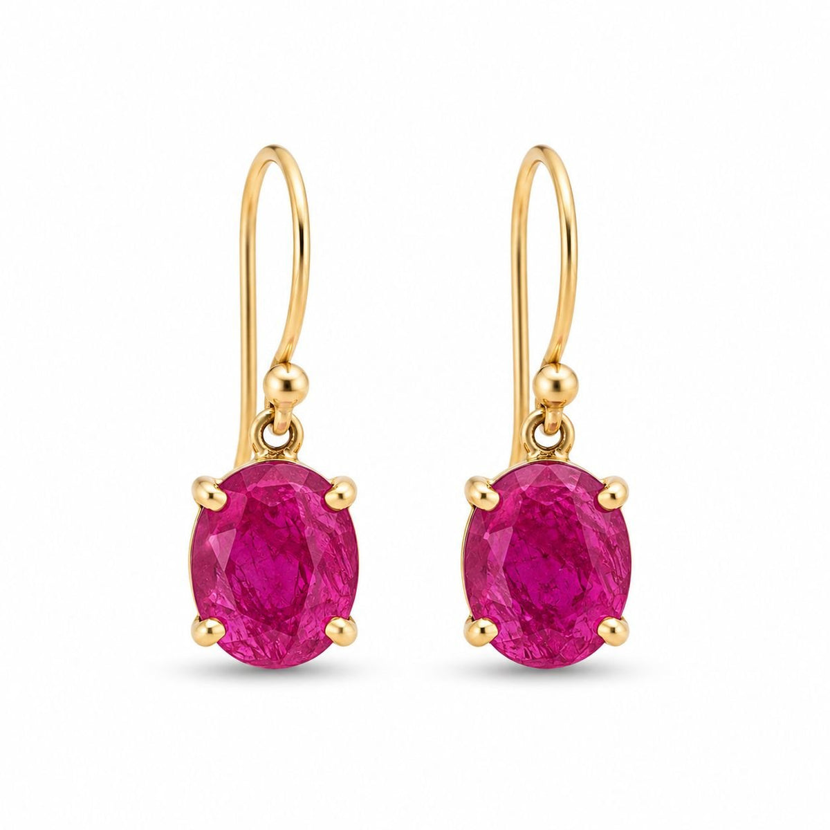 9ct Yellow Gold 9x7mm Oval Checkerboard Facetted Ruby Shepherds Hook Earrings - Aurum Jewels