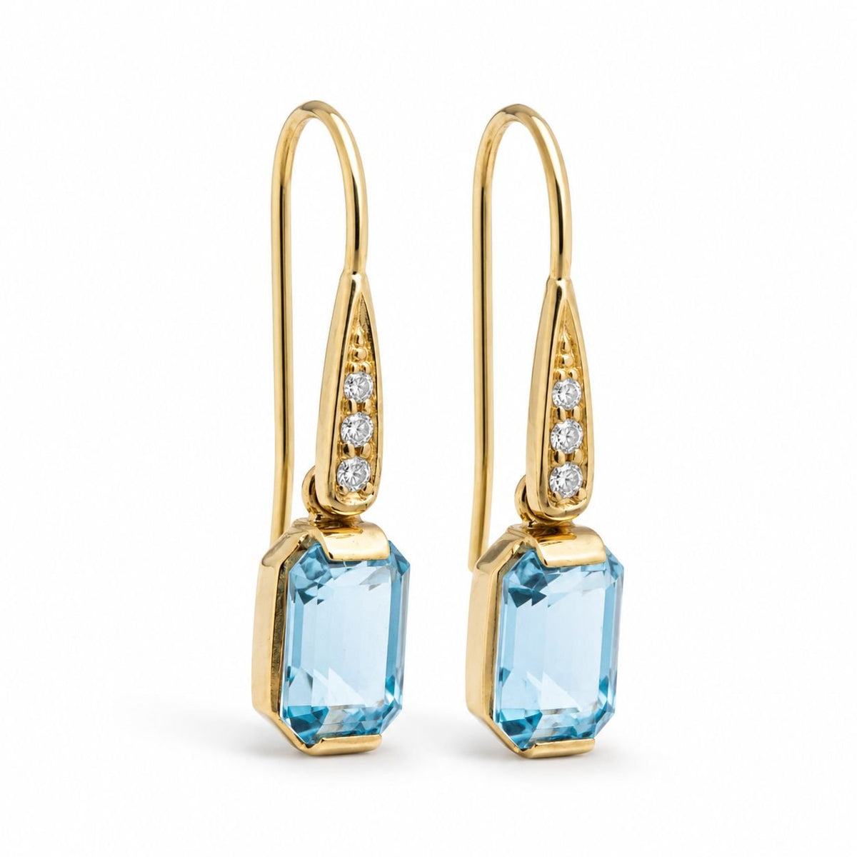 9ct Yellow Gold Aquamarine & Diamond Shepherds Hook Earrings - Aurum Jewels