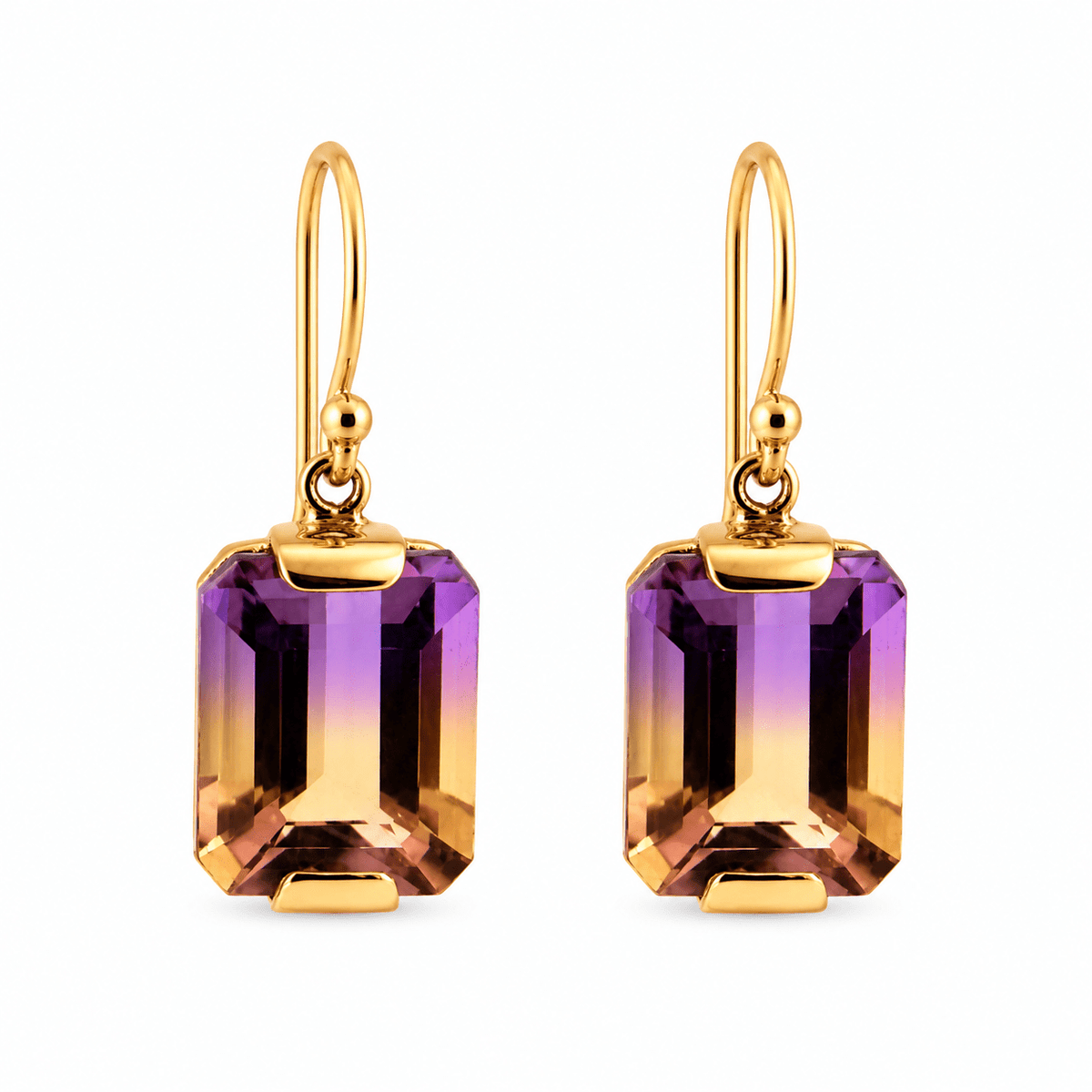 9ct Yellow Gold End Set Emerald Cut Ametrine Drop Earrings - Aurum Jewels