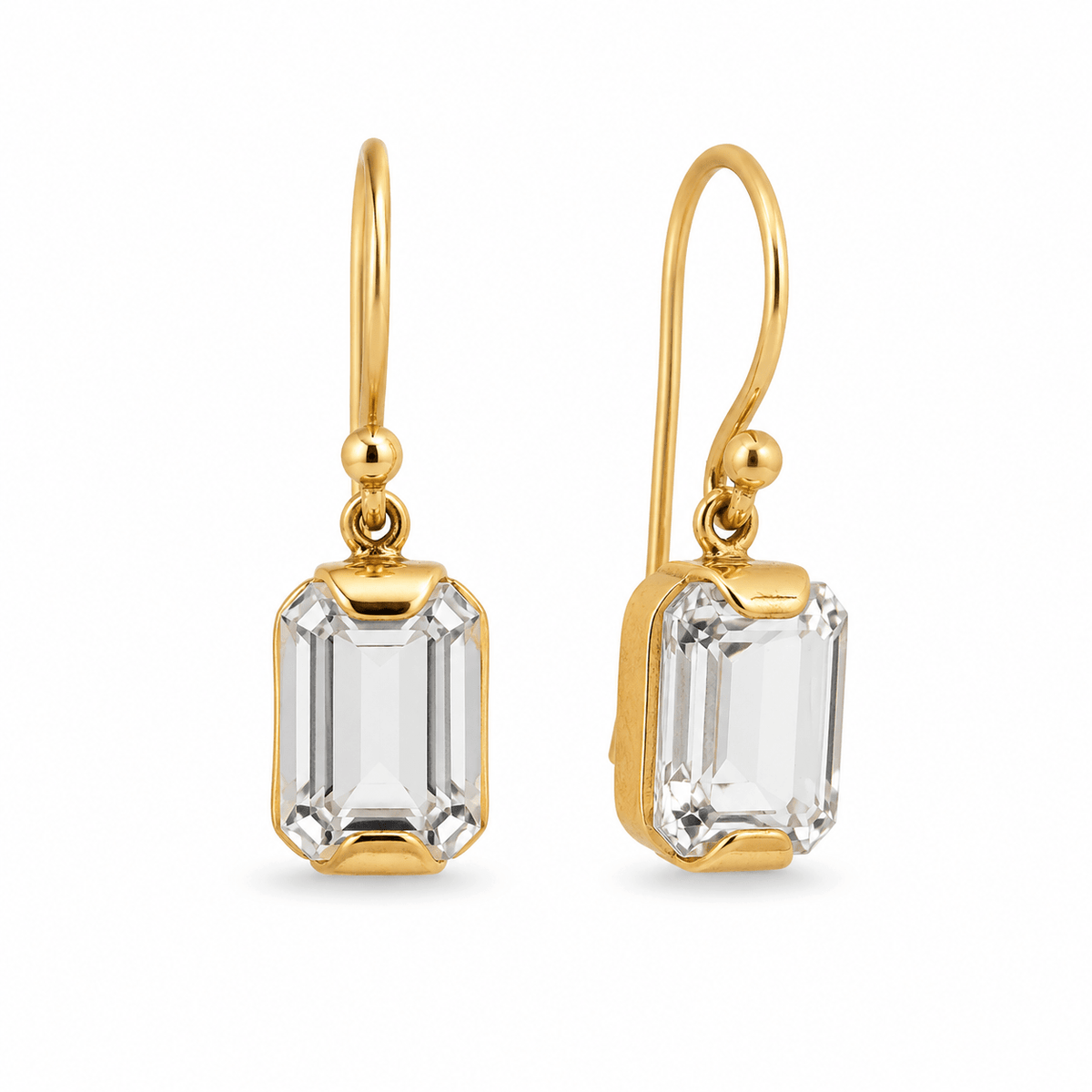 9ct Yellow Gold End Set Emerald Cut White Topaz Drop Earrings - Aurum Jewels
