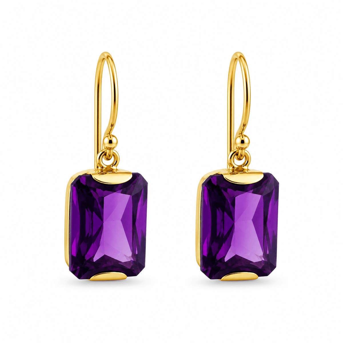 9ct Yellow Gold End Set Radiant Cut Amethyst Drop Earrings - Aurum Jewels