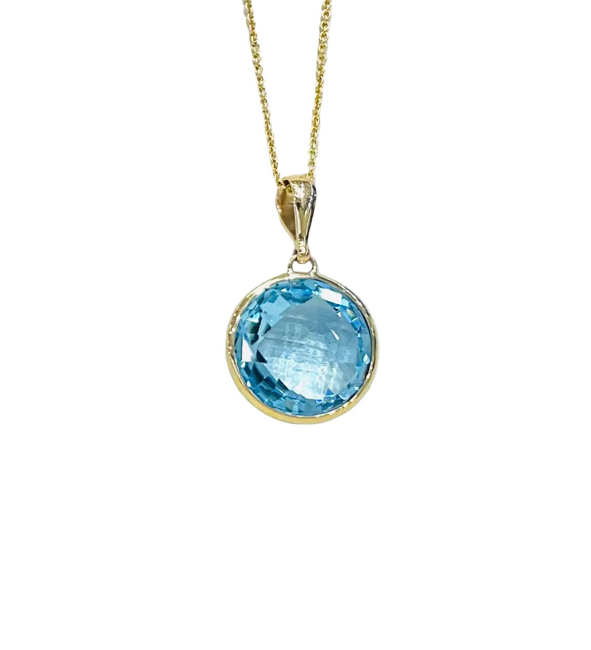 9ct Yellow Gold Large Round Checkerboard Cut Sky Blue Topaz Pendant - Aurum Jewels