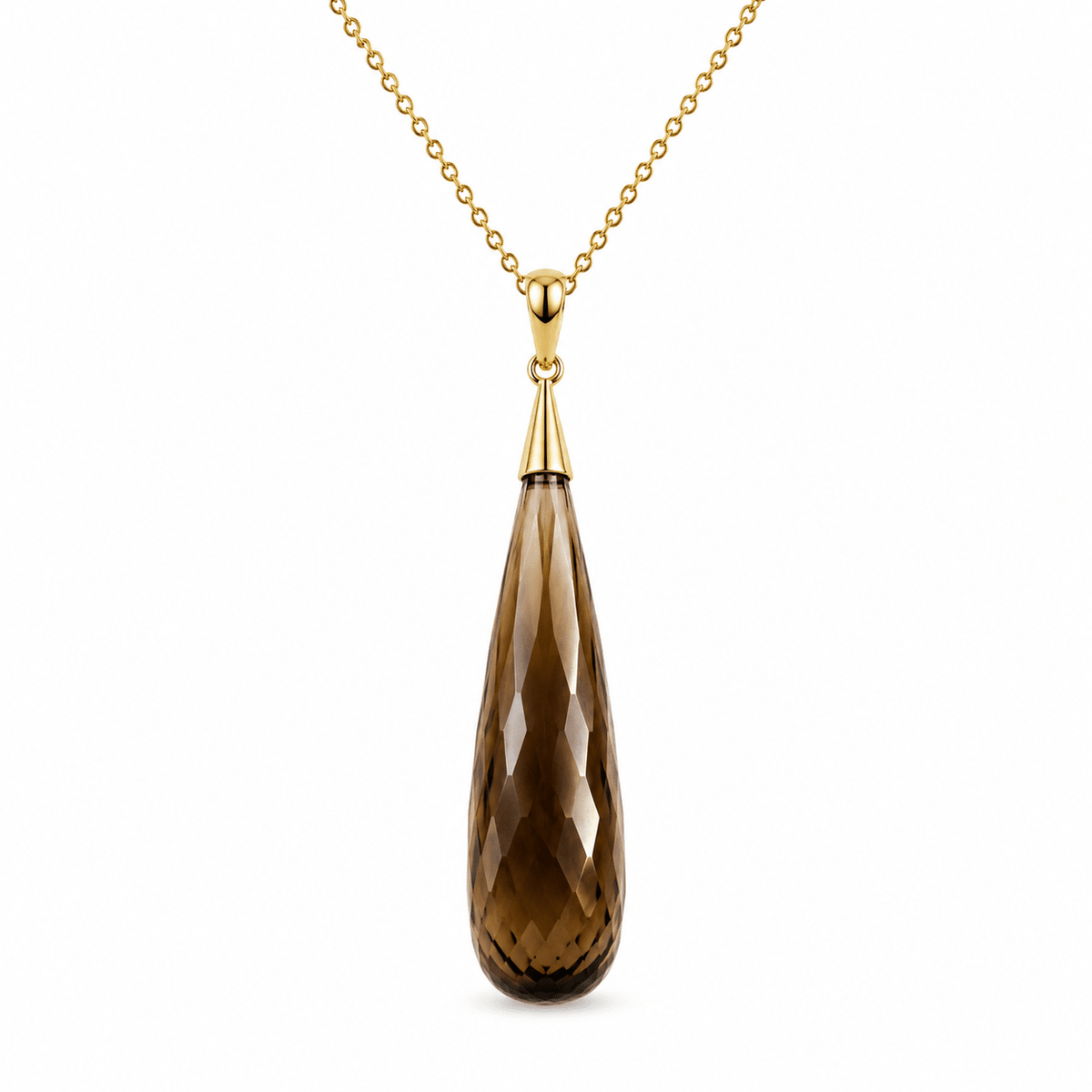 9ct Yellow Gold Long Drop Briolette Smokey Quartz Pendant - Aurum Jewels