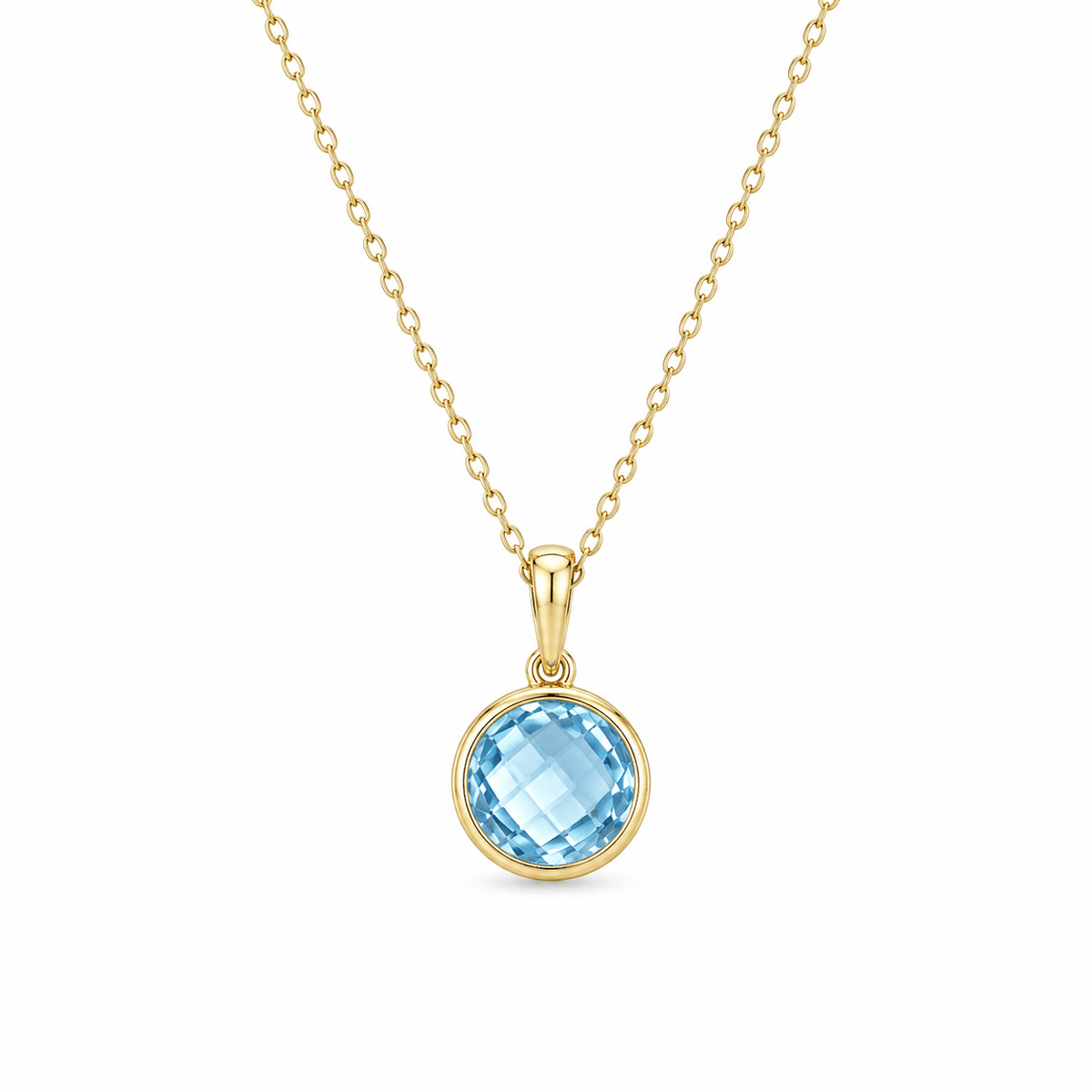9ct Yellow Gold Round Checkerboard Cut Sky Blue Topaz Pendant - Aurum Jewels