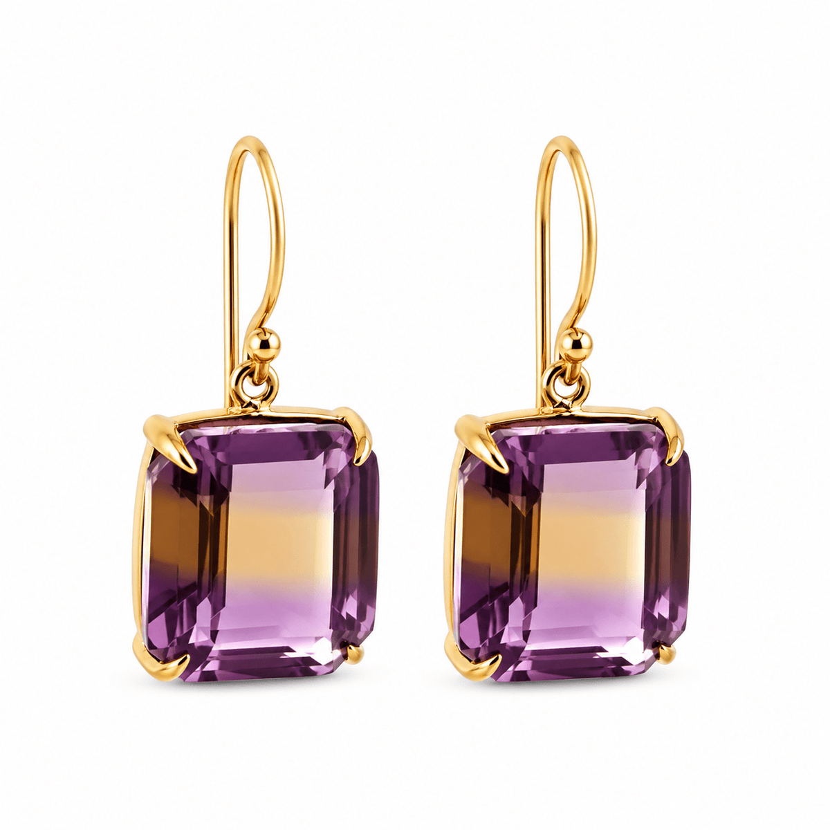 9ct Yellow Gold Square Emerald Cut Ametrine Drop Earrings - Aurum Jewels