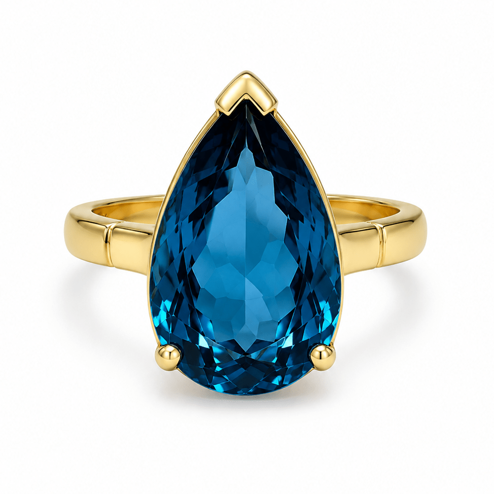 9ct Yellow Gold Statement Teardrop London Blue Topaz Cocktail Ring - Aurum Jewels
