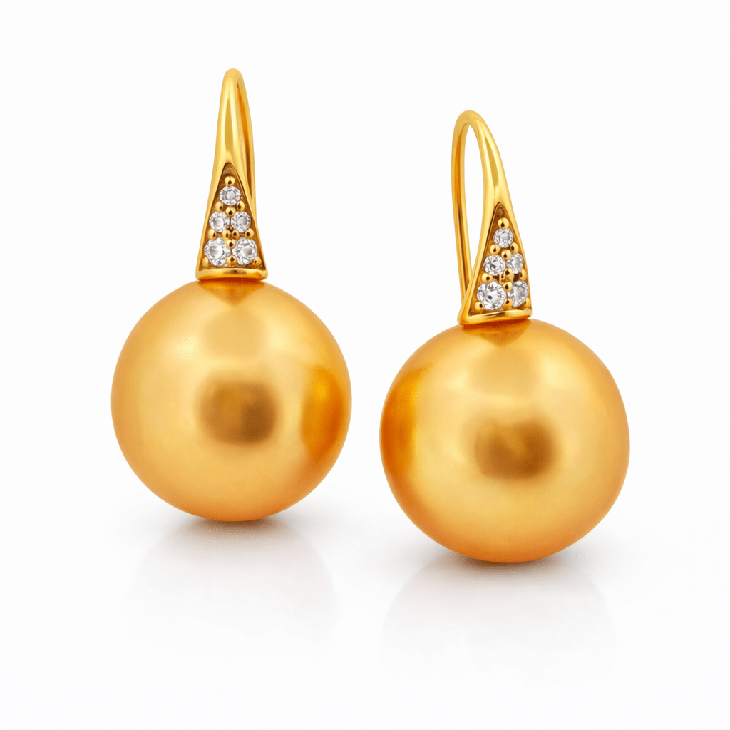 Autore Yellow Gold, Pave Diamond & Intense Golden South Sea Peal Earrings - Aurum Jewels