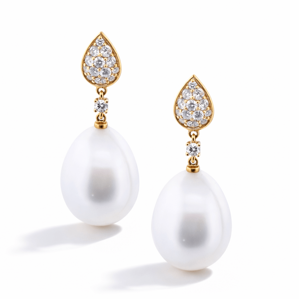 Autore Yellow Gold, Pave Diamond & South Sea Pearl Earrings - Aurum Jewels