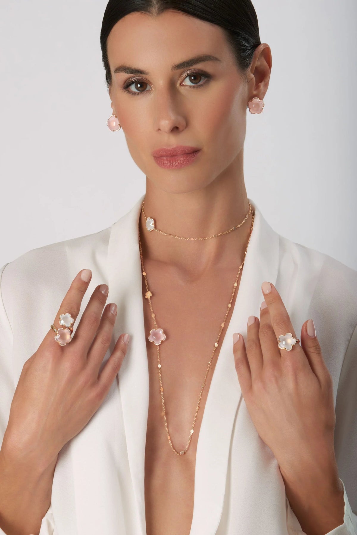 Bon Ton Contrarié Ring in 18k Rose Gold with Rose Quartz, Milky Quartz and Diamonds - Aurum Jewels