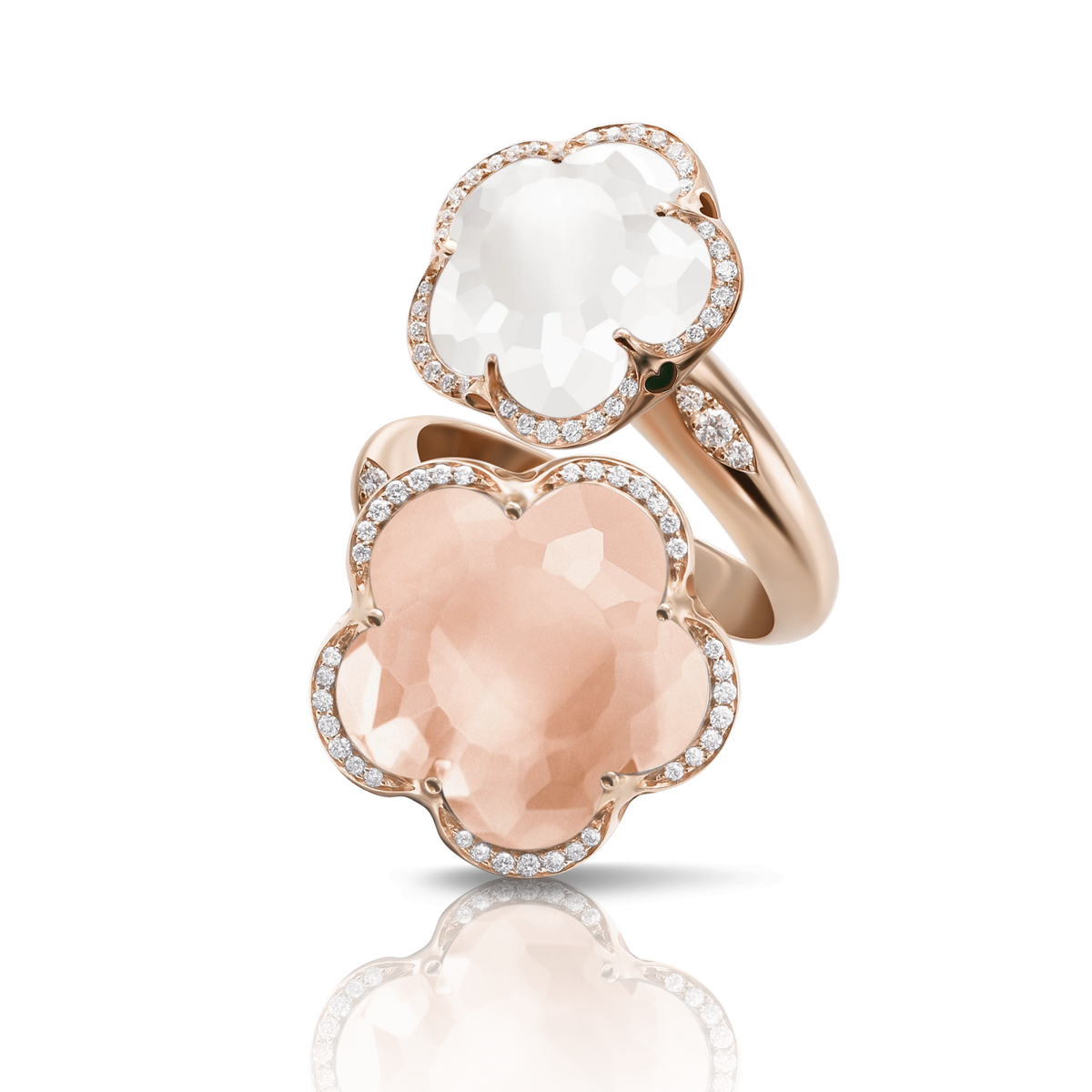 Bon Ton Contrarié Ring in 18k Rose Gold with Rose Quartz, Milky Quartz and Diamonds - Aurum Jewels