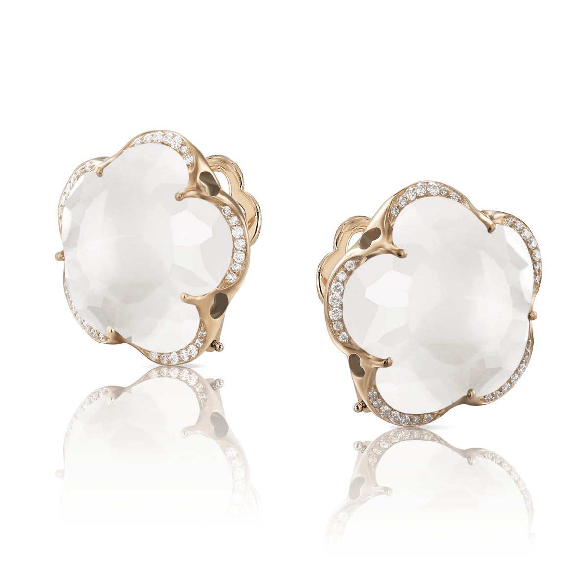 Bon Ton Stud Earrings in 18k Rose Gold with Milky Quartz and Diamonds. - Aurum Jewels
