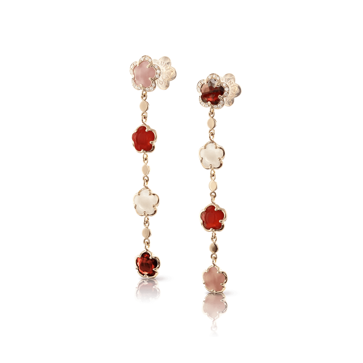 Figlia Dei Fiori Pendant Earrings in 18k Rose Gold with Moonstone, Pink Chalcedony, Carnelian, Red Garnet and White Diamonds. - Aurum Jewels