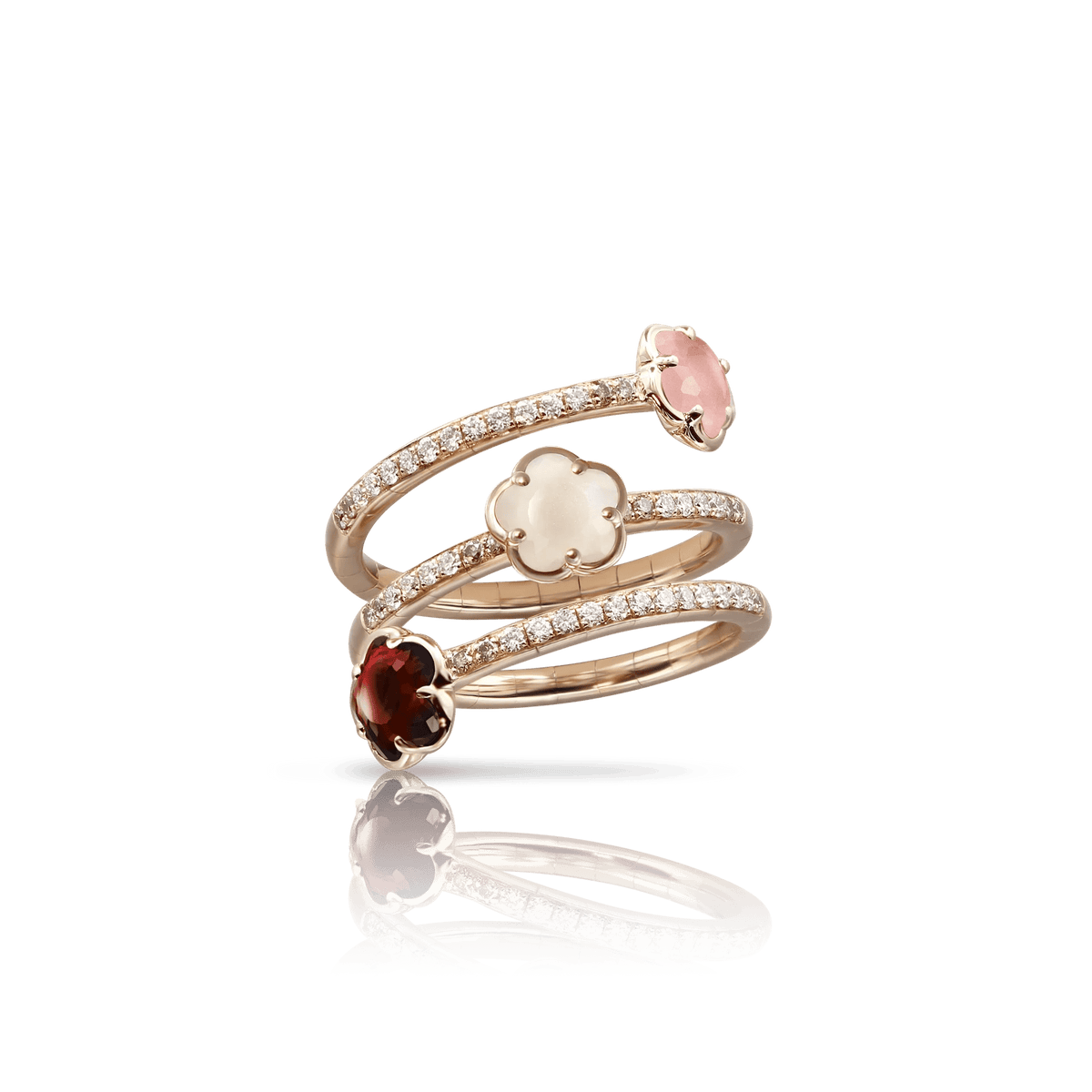 Figlia Dei Fiori Three Flowers Twist Ring in 18k Rose Gold with Pink Chalcedony, Red Garnet, Moonstone, White and Champagne Diamonds. - Aurum Jewels