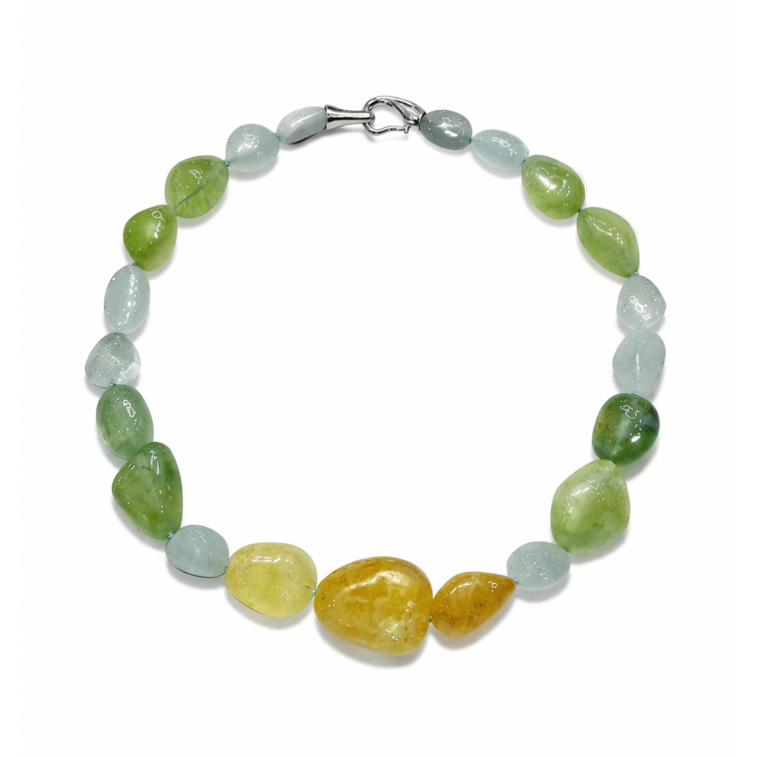 Green & Gold Prehnite & Aquamarine Gemstone Pebbles Necklace - Aurum Jewels