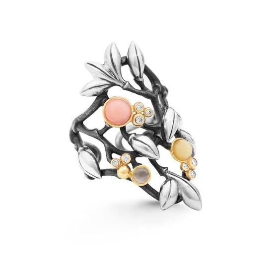 Ole Lynggaard Silver, Gold, Coral, Amber, Moonstone & Diamond Forest Ring - Aurum Jewels