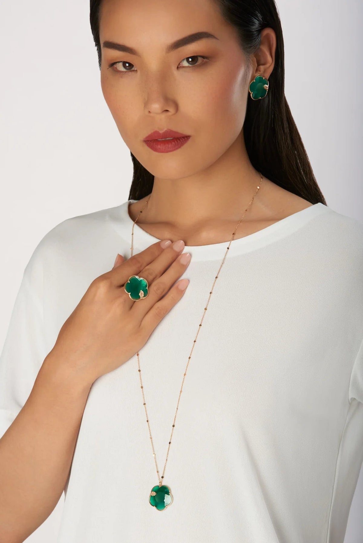 Pasquale Bruni Ton Joli Necklace in 18k Rose Gold with Green Agate, White & Champagne Diamonds - Aurum Jewels