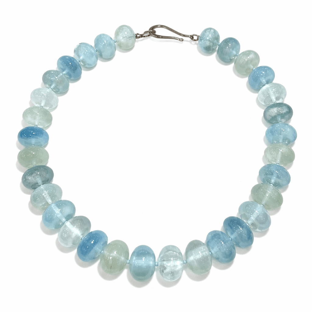Polished Aquamarine Gemstone Rondel Bead Necklace - Aurum Jewels
