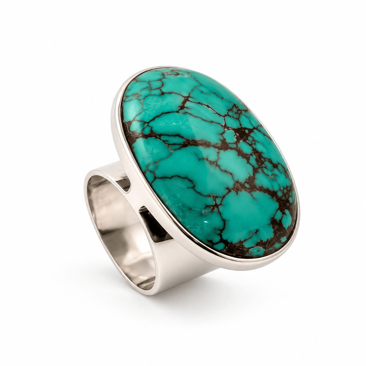 Sterling Silver & Extra Large East-West Oval Tibetan Turquoise Dress Ring - Aurum Jewels