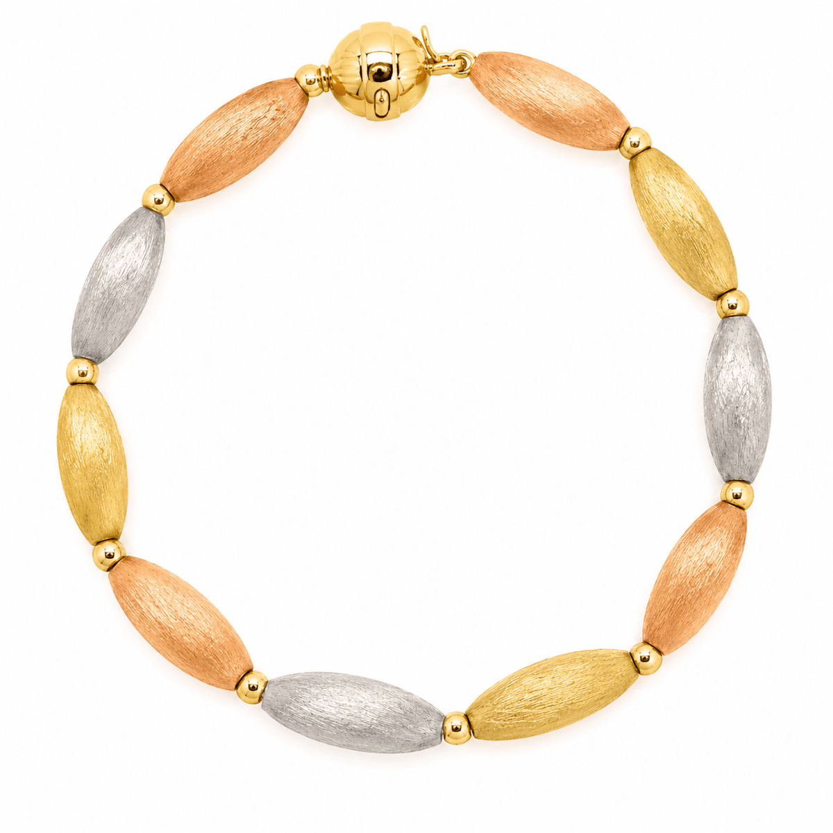 Three Tone Brushed Elongated Oval Link Bracelet - Aurum Jewels