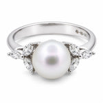 18ct White Gold 8mm Akoya Pearl & Marquise Diamond Ring - Aurum Jewels